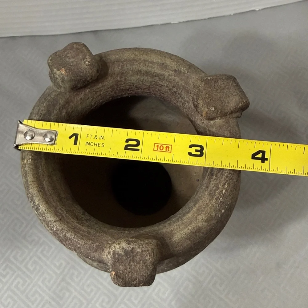 Rustic Style Ceramic Pottery Vase Feather Motif Weathered Finish Loop Handles
